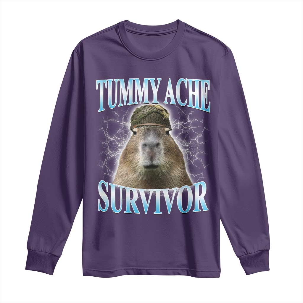 Tummy Ache Survivor Long Sleeve Shirt Funny Capybara Meme For Animal Lover - Wonder Print Shop