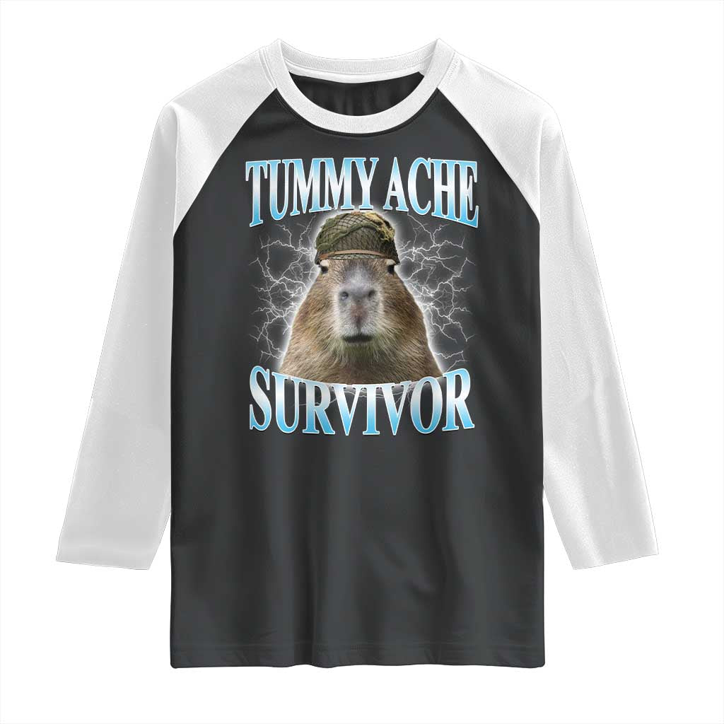 Tummy Ache Survivor Raglan Shirt Funny Capybara Meme For Animal Lover - Wonder Print Shop