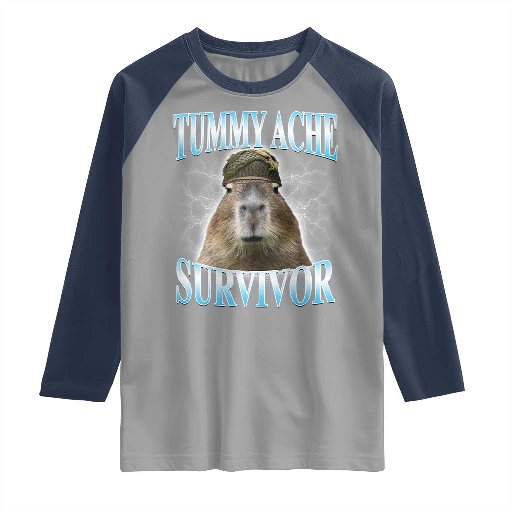 Tummy Ache Survivor Raglan Shirt Funny Capybara Meme For Animal Lover - Wonder Print Shop