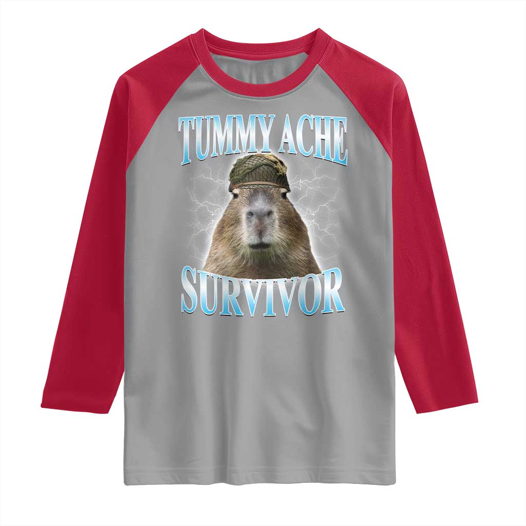 Tummy Ache Survivor Raglan Shirt Funny Capybara Meme For Animal Lover - Wonder Print Shop