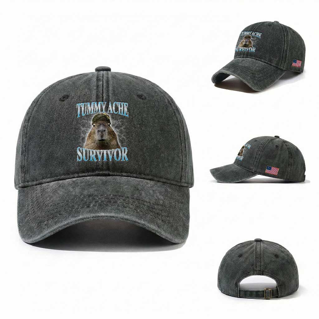 Tummy Ache Survivor Washed Cotton Baseball Cap Funny Capybara Meme For Animal Lover