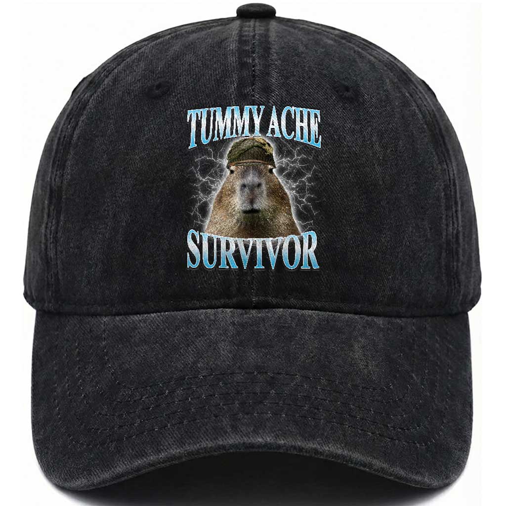 Tummy Ache Survivor Washed Cotton Baseball Cap Funny Capybara Meme For Animal Lover