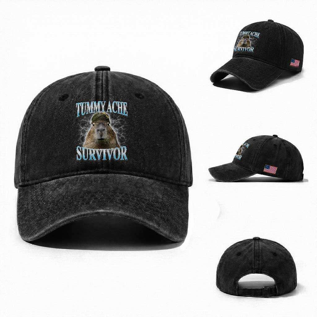 Tummy Ache Survivor Washed Cotton Baseball Cap Funny Capybara Meme For Animal Lover