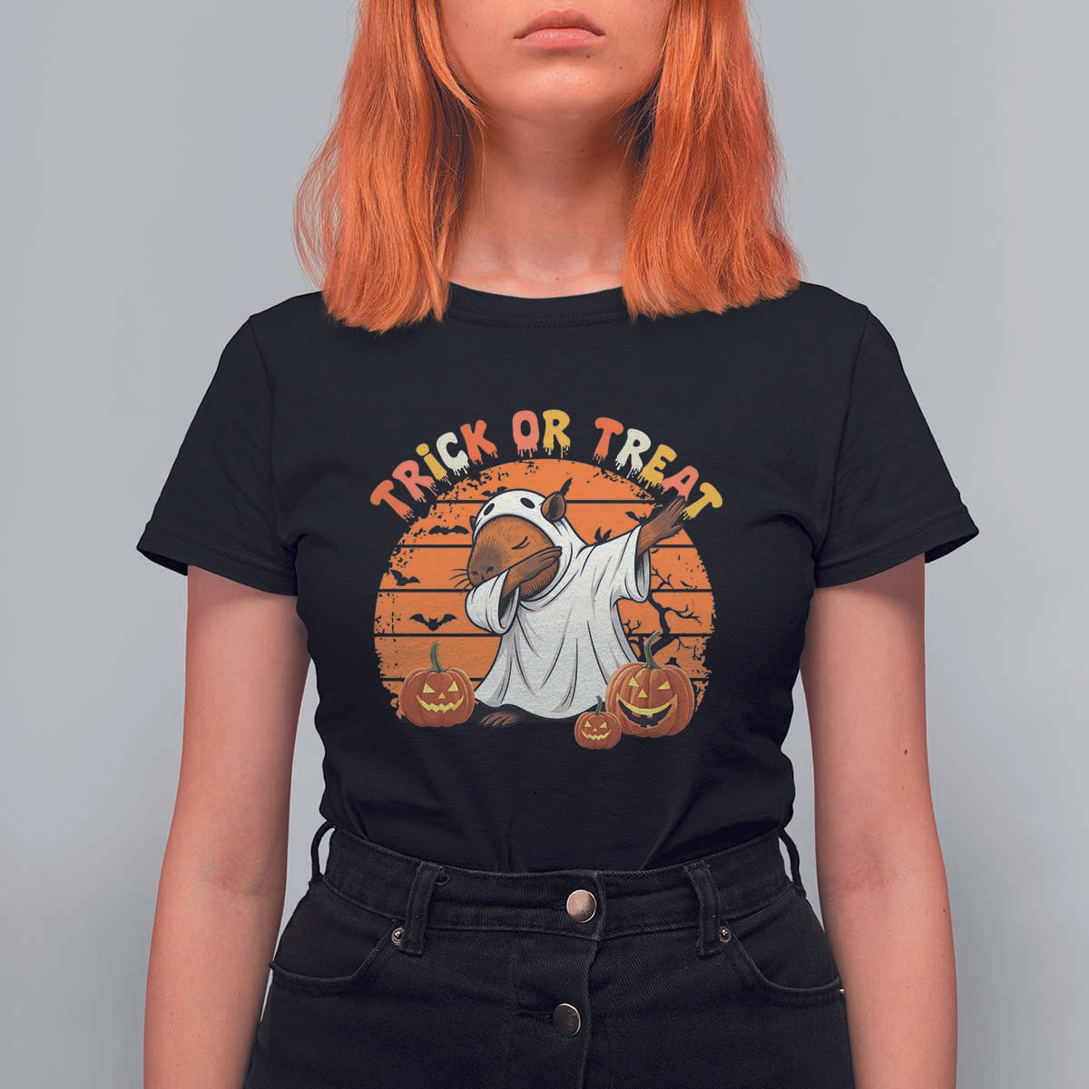 Funny Capybara Halloween T Shirt For Women Trick Or Treat Cute Cappy Boo Ghost - Wonder Print Shop