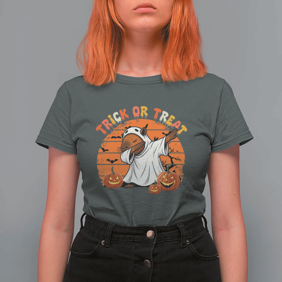 Funny Capybara Halloween T Shirt For Women Trick Or Treat Cute Cappy Boo Ghost - Wonder Print Shop