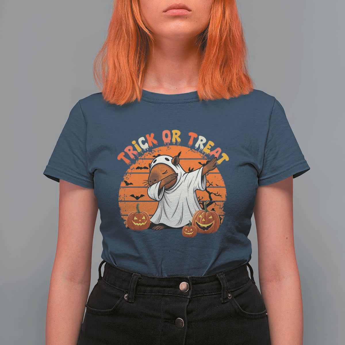 Funny Capybara Halloween T Shirt For Women Trick Or Treat Cute Cappy Boo Ghost - Wonder Print Shop