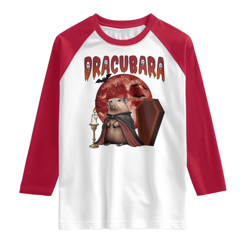Halloween Capybara Raglan Shirt Funny Dracubara In Dracula Outfit - Wonder Print Shop