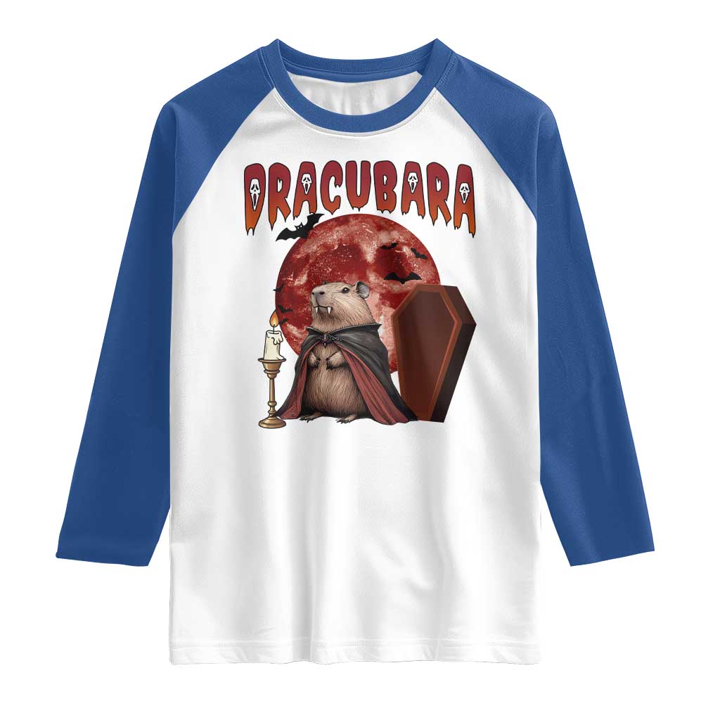 Halloween Capybara Raglan Shirt Funny Dracubara In Dracula Outfit - Wonder Print Shop