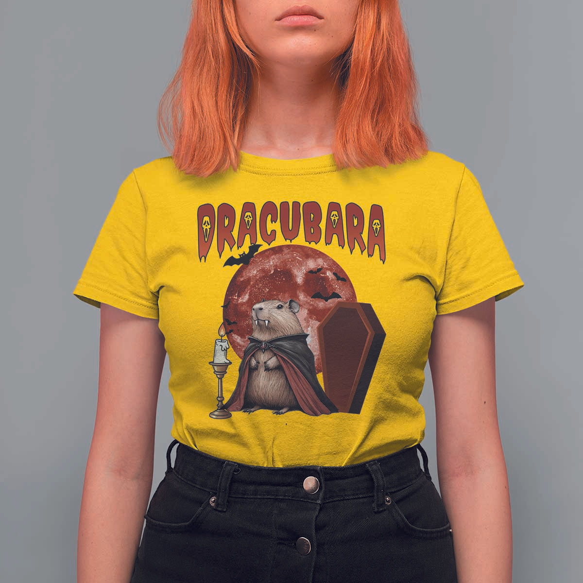 Halloween Capybara T Shirt For Women Funny Dracubara In Dracula Outfit - Wonder Print Shop