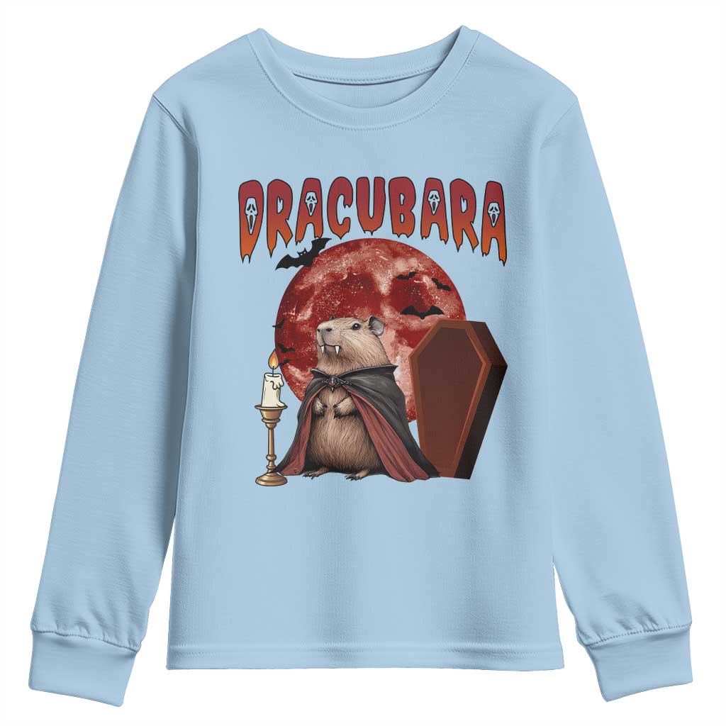 Halloween Capybara Youth Sweatshirt Funny Dracubara In Dracula Outfit - Wonder Print Shop