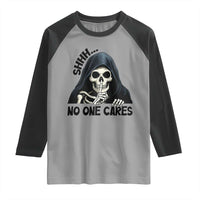 Funny Skeleton Humor Raglan Shirt Shhh No One Cares - Wonder Print Shop