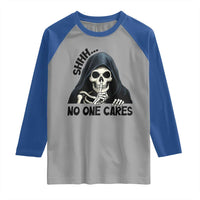 Funny Skeleton Humor Raglan Shirt Shhh No One Cares - Wonder Print Shop