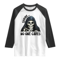 Funny Skeleton Humor Raglan Shirt Shhh No One Cares - Wonder Print Shop