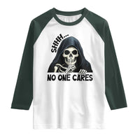 Funny Skeleton Humor Raglan Shirt Shhh No One Cares - Wonder Print Shop