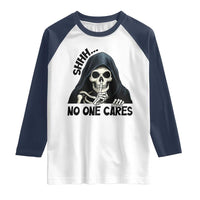 Funny Skeleton Humor Raglan Shirt Shhh No One Cares - Wonder Print Shop