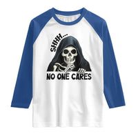 Funny Skeleton Humor Raglan Shirt Shhh No One Cares - Wonder Print Shop