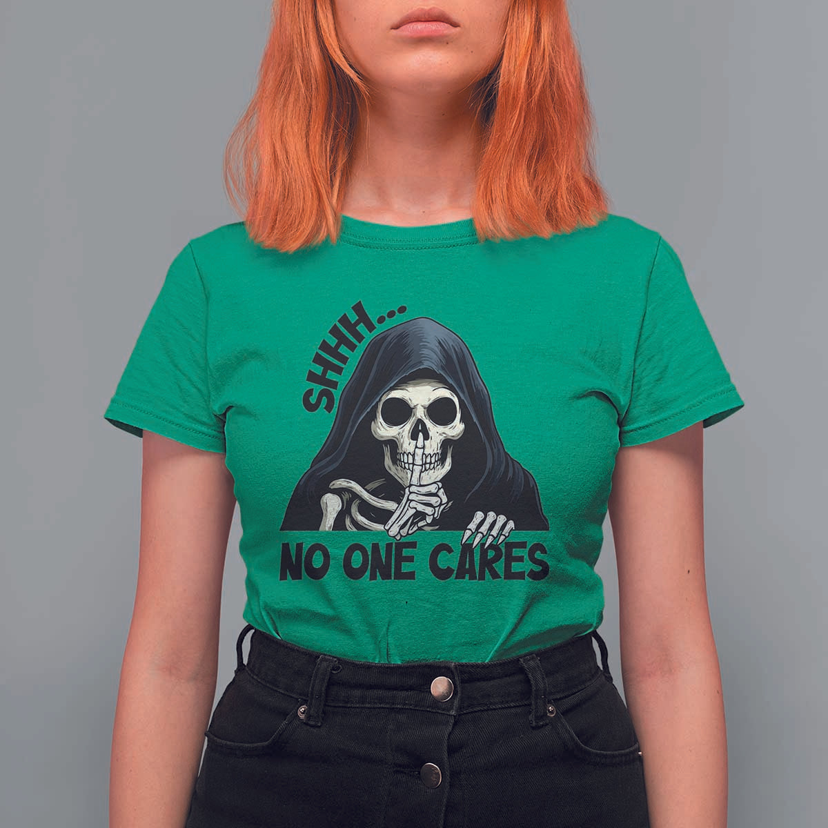 Funny Skeleton Humor T Shirt For Women Shhh No One Cares - Wonder Print Shop