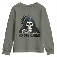 Funny Skeleton Humor Youth Sweatshirt Shhh No One Cares - Wonder Print Shop