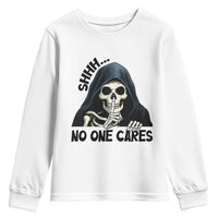 Funny Skeleton Humor Youth Sweatshirt Shhh No One Cares - Wonder Print Shop