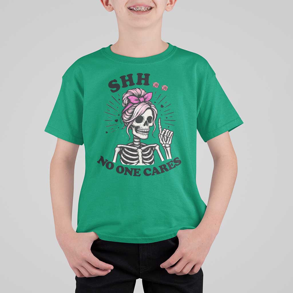 Funny Skeleton Sarcastic T Shirt For Kid Shhh No One Cares - Wonder Print Shop