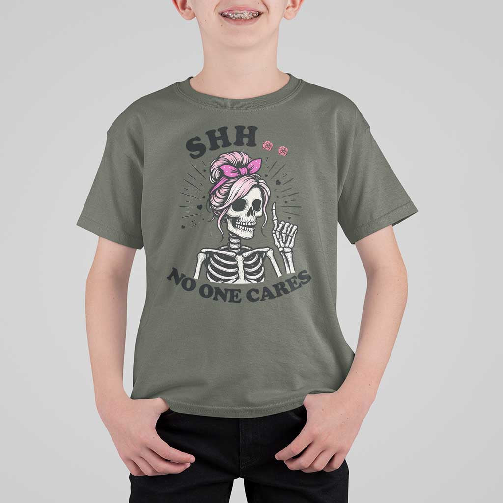 Funny Skeleton Sarcastic T Shirt For Kid Shhh No One Cares - Wonder Print Shop