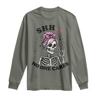 Funny Skeleton Sarcastic Long Sleeve Shirt Shhh No One Cares - Wonder Print Shop