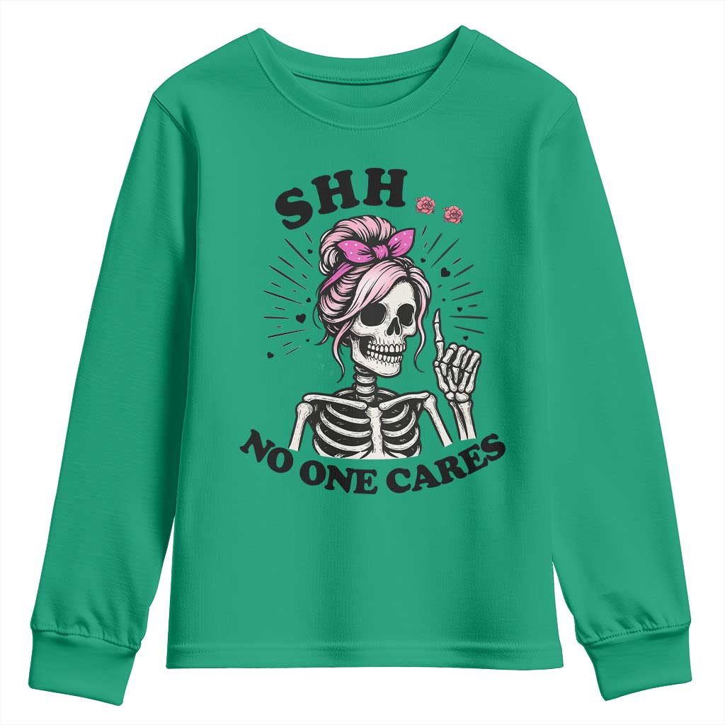 Funny Skeleton Sarcastic Youth Sweatshirt Shhh No One Cares - Wonder Print Shop