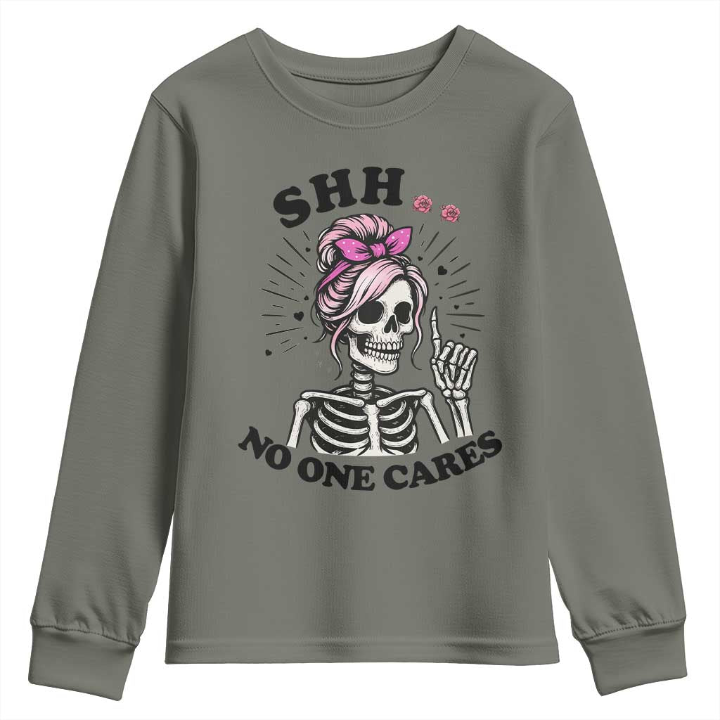 Funny Skeleton Sarcastic Youth Sweatshirt Shhh No One Cares - Wonder Print Shop