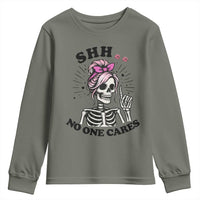 Funny Skeleton Sarcastic Youth Sweatshirt Shhh No One Cares - Wonder Print Shop
