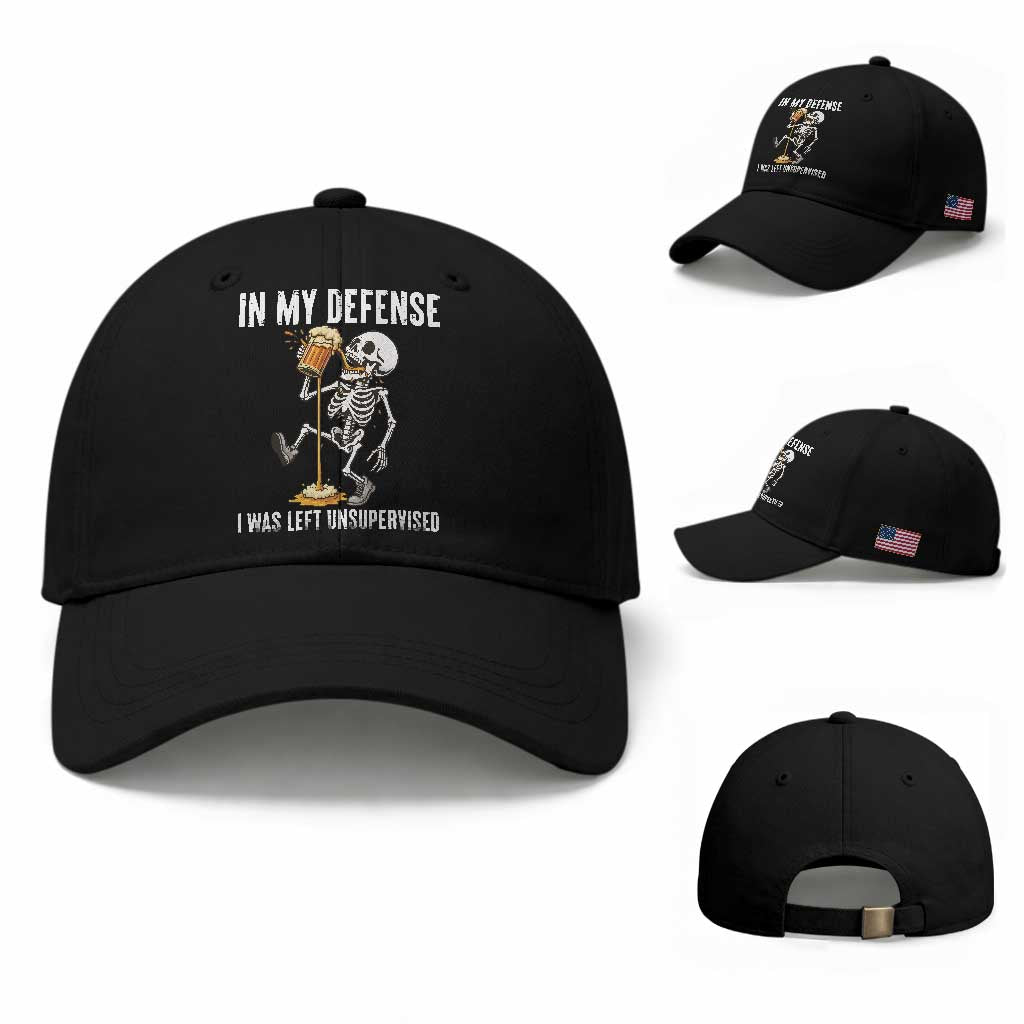 Funny Skeleton Beer Baseball Cap In My Defence I Was Left Unsupervised