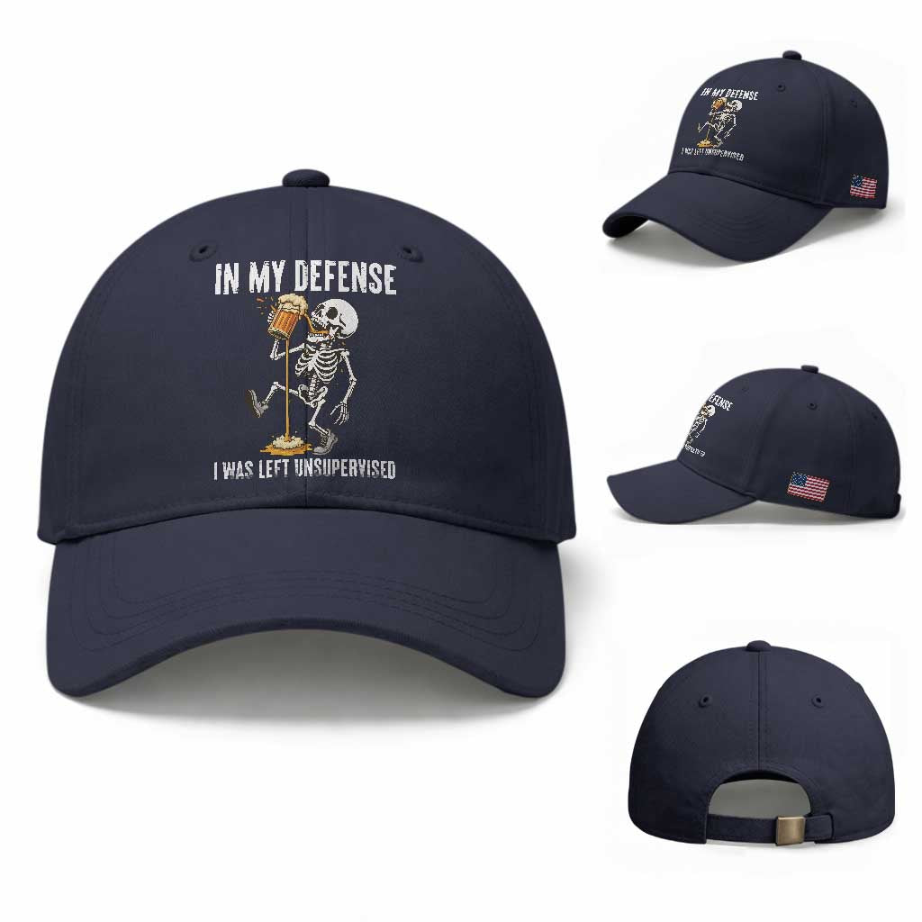 Funny Skeleton Beer Baseball Cap In My Defence I Was Left Unsupervised