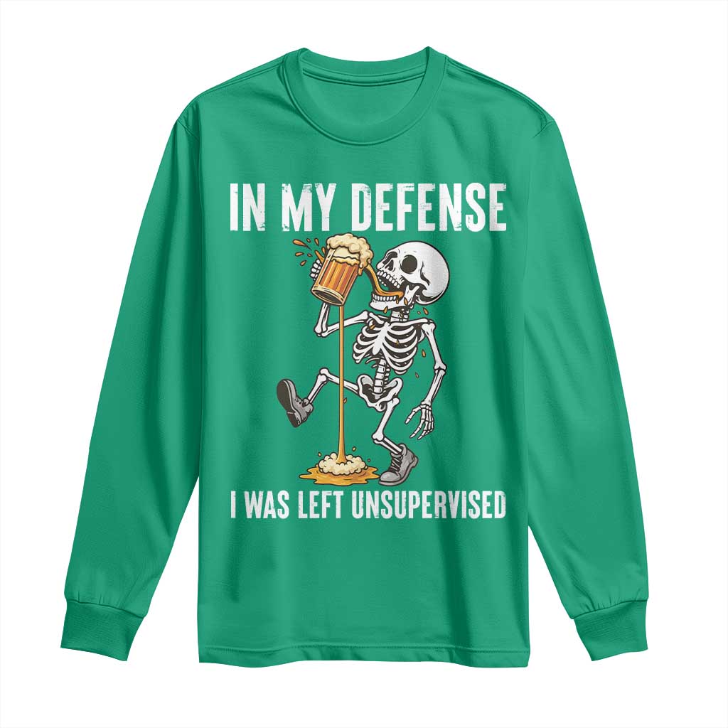 Funny Skeleton Beer Long Sleeve Shirt In My Defence I Was Left Unsupervised - Wonder Print Shop