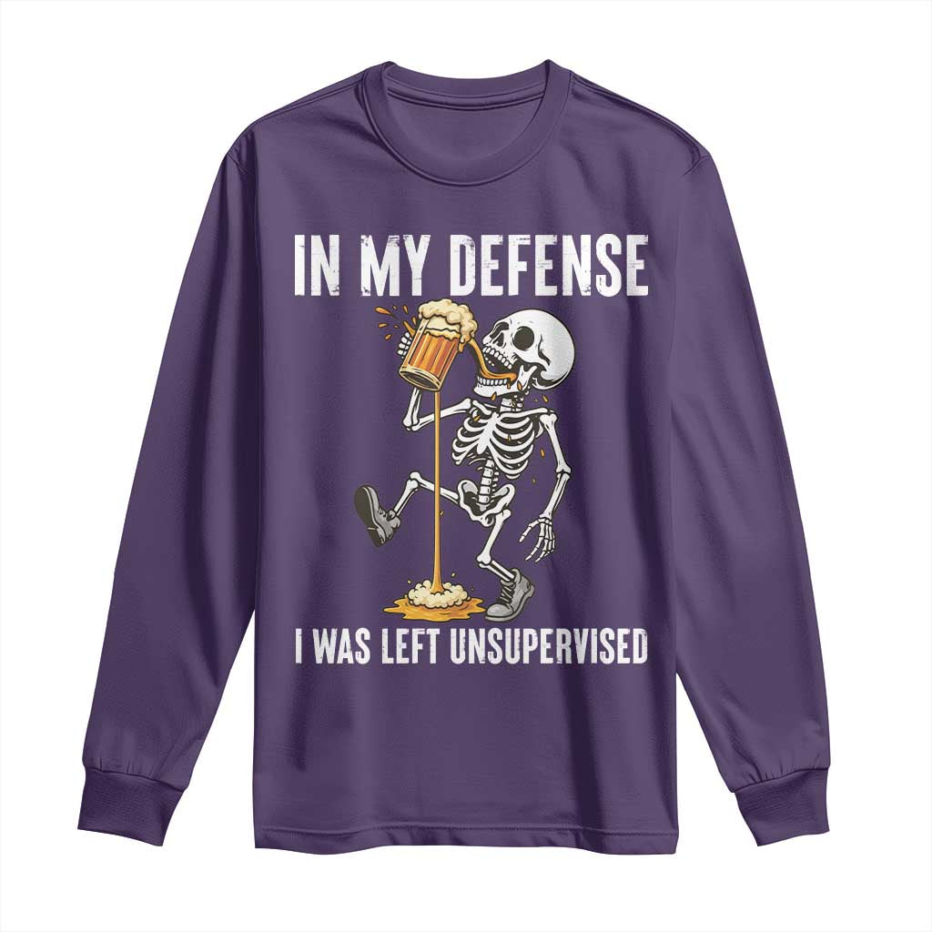 Funny Skeleton Beer Long Sleeve Shirt In My Defence I Was Left Unsupervised - Wonder Print Shop