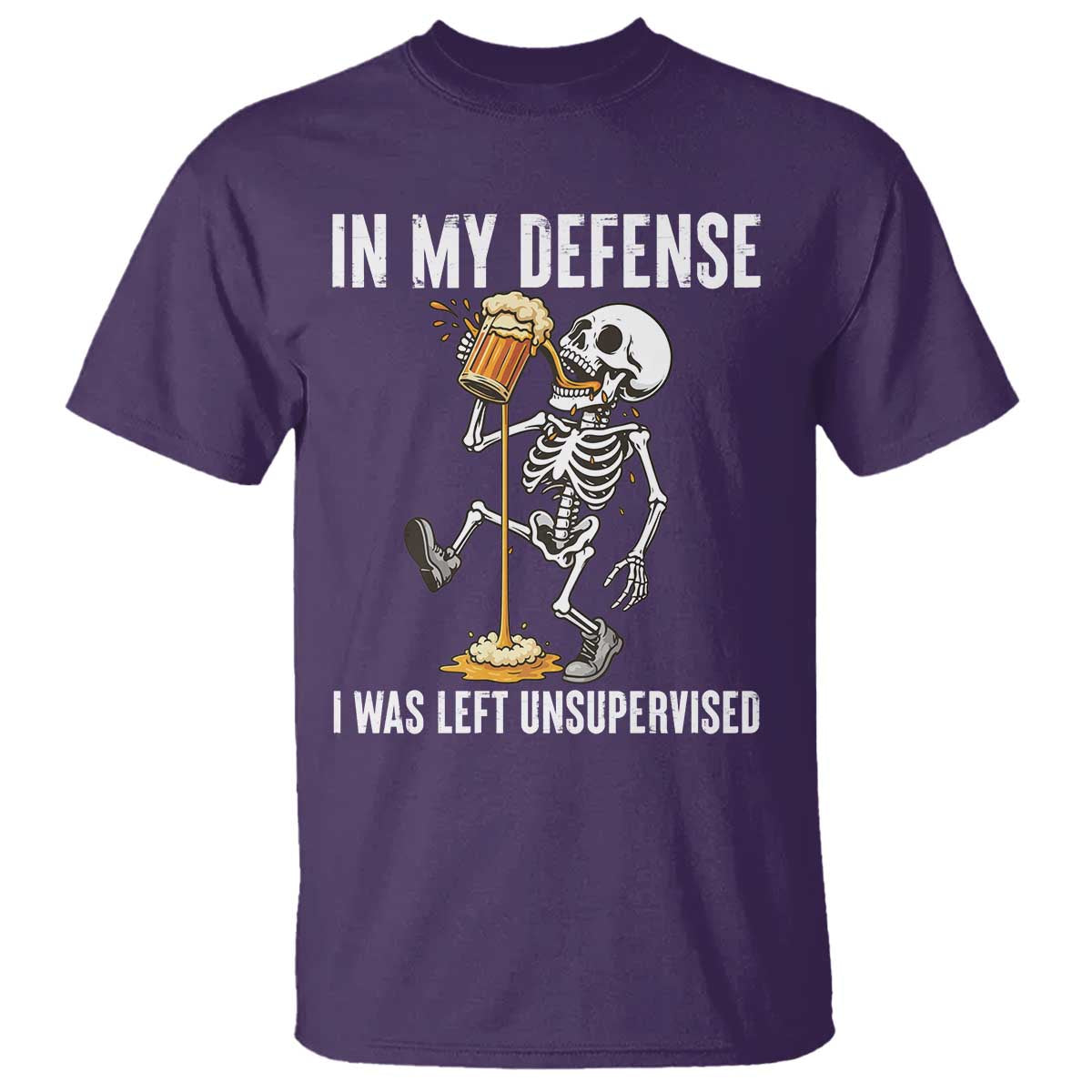 Funny Skeleton Beer T Shirt In My Defence I Was Left Unsupervised - Wonder Print Shop