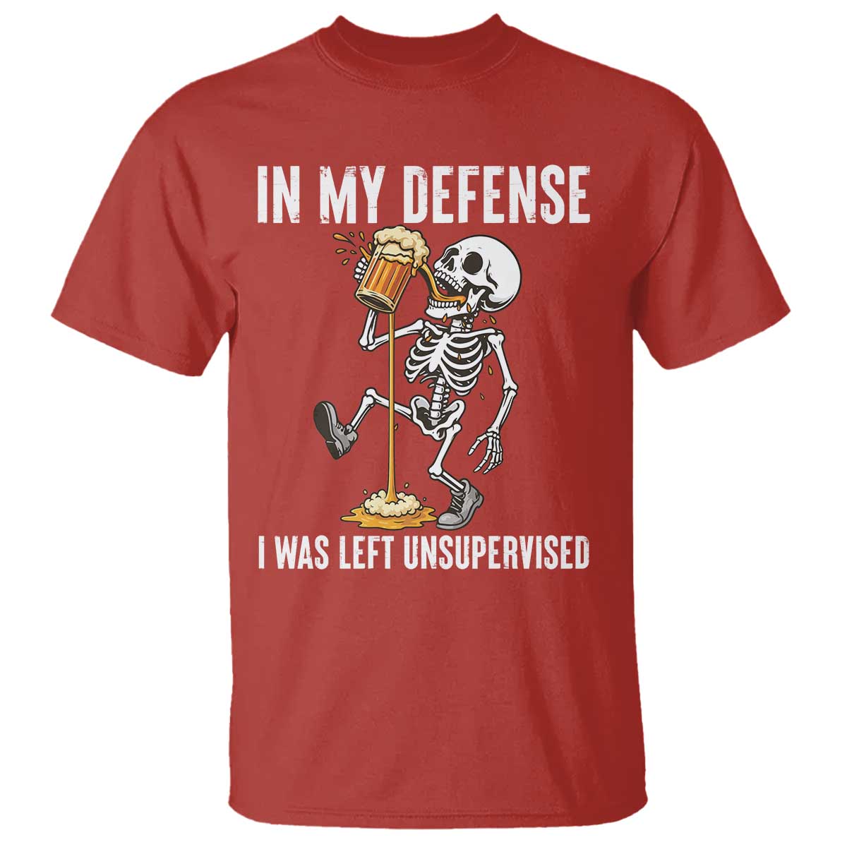 Funny Skeleton Beer T Shirt In My Defence I Was Left Unsupervised - Wonder Print Shop