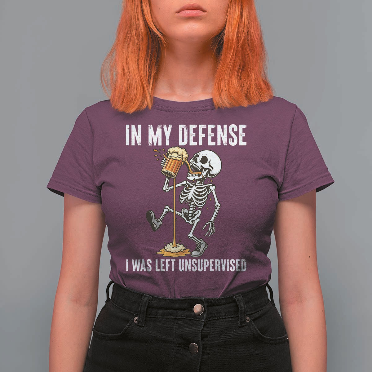 Funny Skeleton Beer T Shirt For Women In My Defence I Was Left Unsupervised - Wonder Print Shop