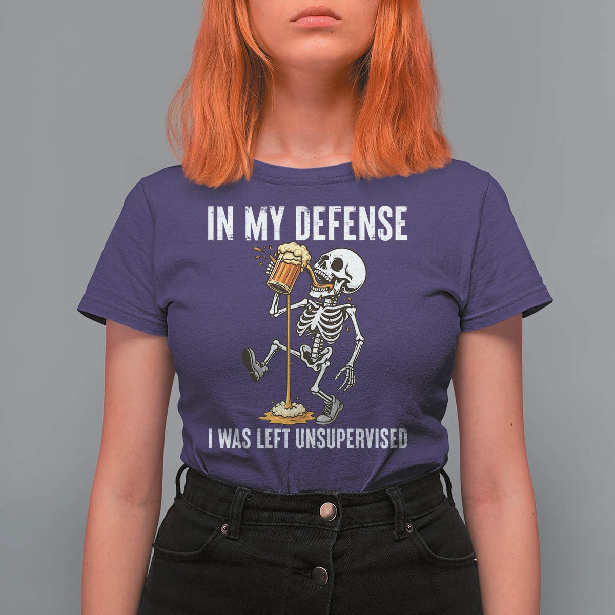 Funny Skeleton Beer T Shirt For Women In My Defence I Was Left Unsupervised - Wonder Print Shop