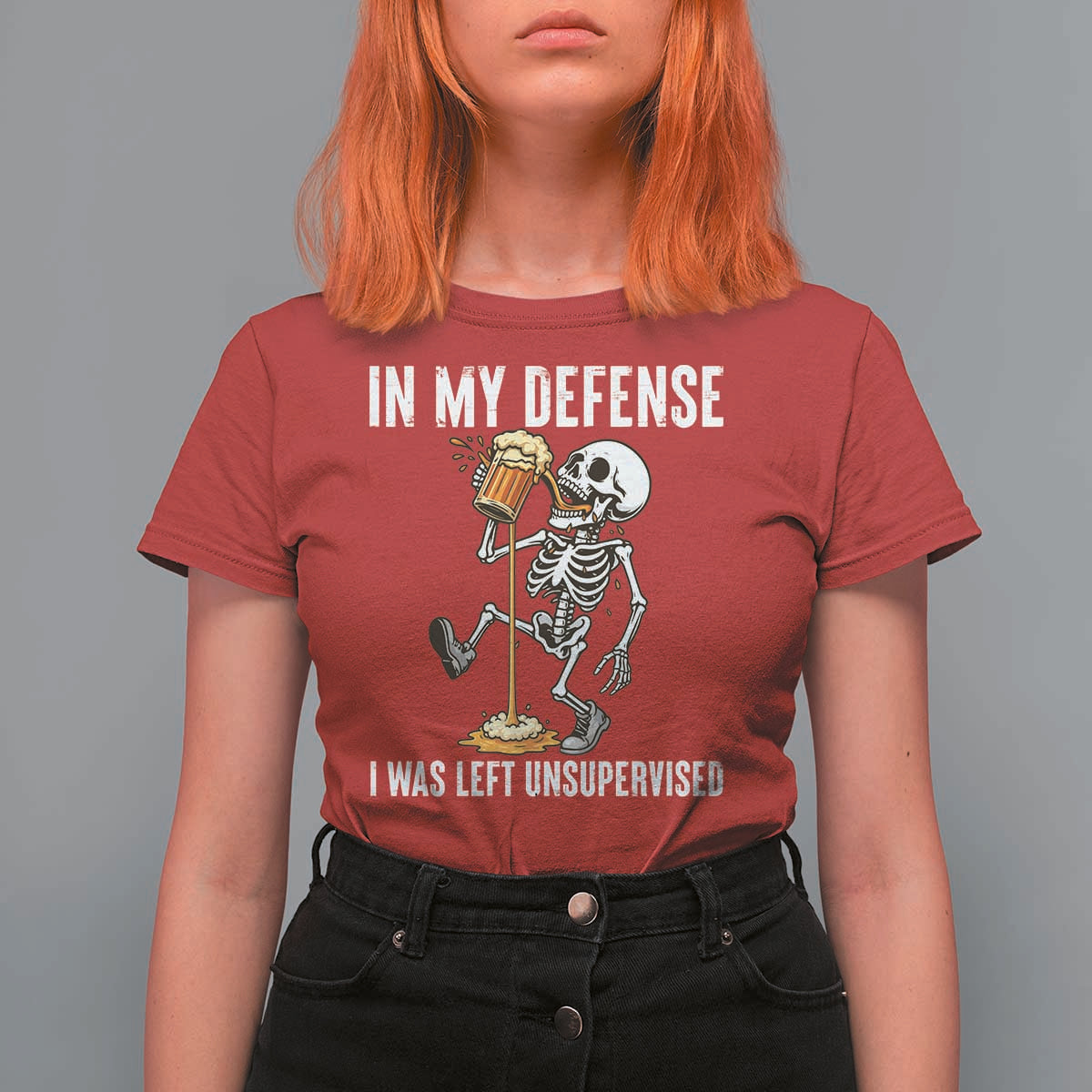 Funny Skeleton Beer T Shirt For Women In My Defence I Was Left Unsupervised - Wonder Print Shop