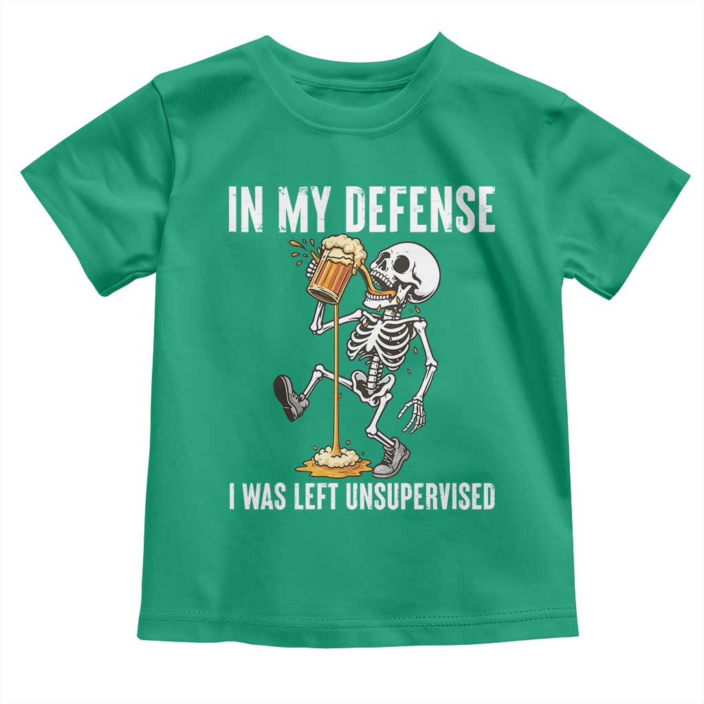 Funny Skeleton Beer Toddler T Shirt In My Defence I Was Left Unsupervised - Wonder Print Shop