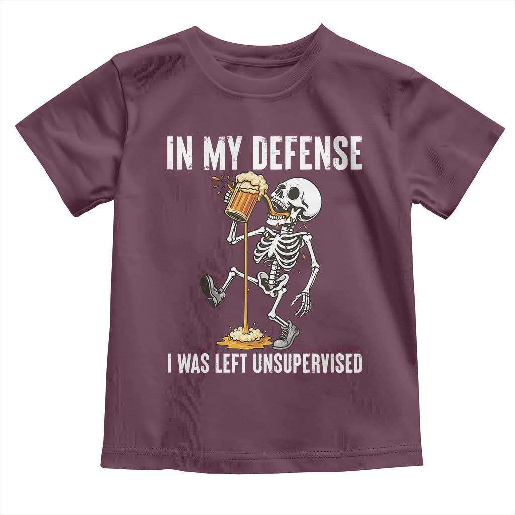 Funny Skeleton Beer Toddler T Shirt In My Defence I Was Left Unsupervised - Wonder Print Shop