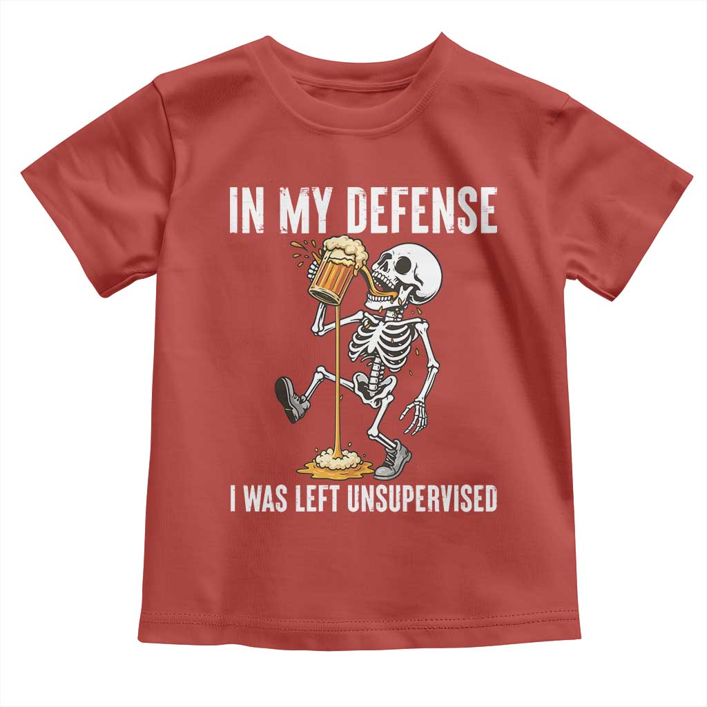 Funny Skeleton Beer Toddler T Shirt In My Defence I Was Left Unsupervised - Wonder Print Shop