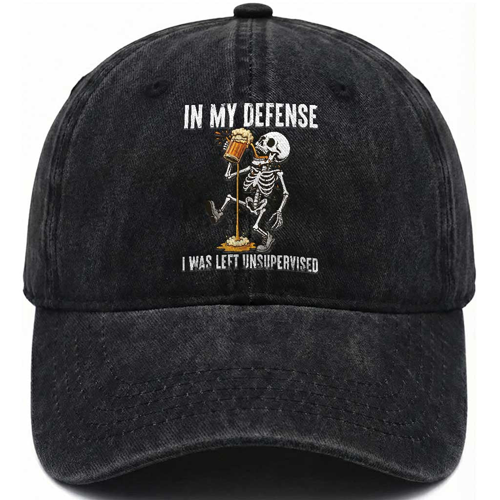Funny Skeleton Beer Washed Cotton Baseball Cap In My Defence I Was Left Unsupervised