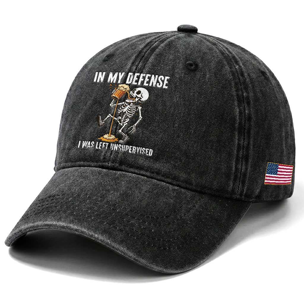 Funny Skeleton Beer Washed Cotton Baseball Cap In My Defence I Was Left Unsupervised