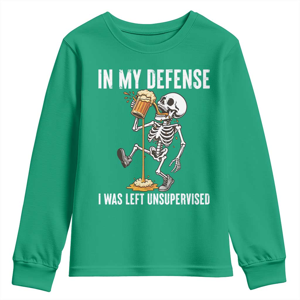 Funny Skeleton Beer Youth Sweatshirt In My Defence I Was Left Unsupervised - Wonder Print Shop