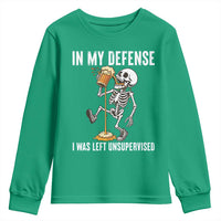 Funny Skeleton Beer Youth Sweatshirt In My Defence I Was Left Unsupervised - Wonder Print Shop