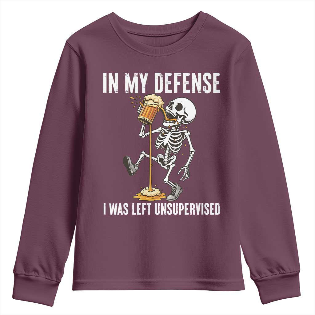 Funny Skeleton Beer Youth Sweatshirt In My Defence I Was Left Unsupervised - Wonder Print Shop
