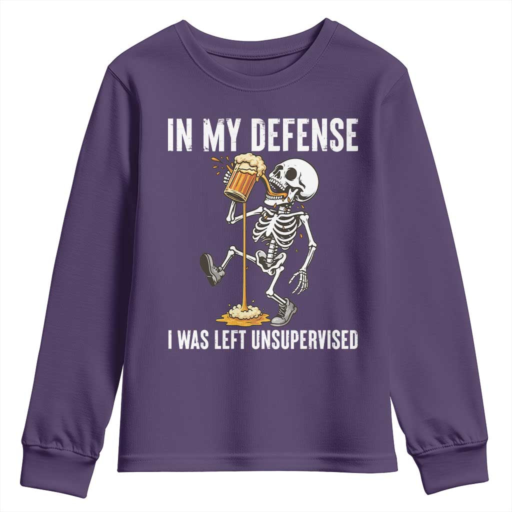 Funny Skeleton Beer Youth Sweatshirt In My Defence I Was Left Unsupervised - Wonder Print Shop