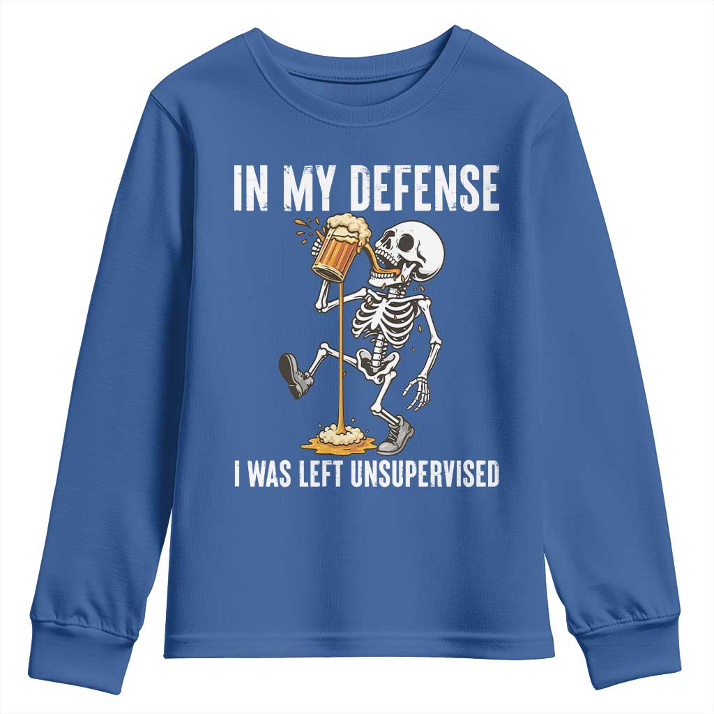 Funny Skeleton Beer Youth Sweatshirt In My Defence I Was Left Unsupervised - Wonder Print Shop