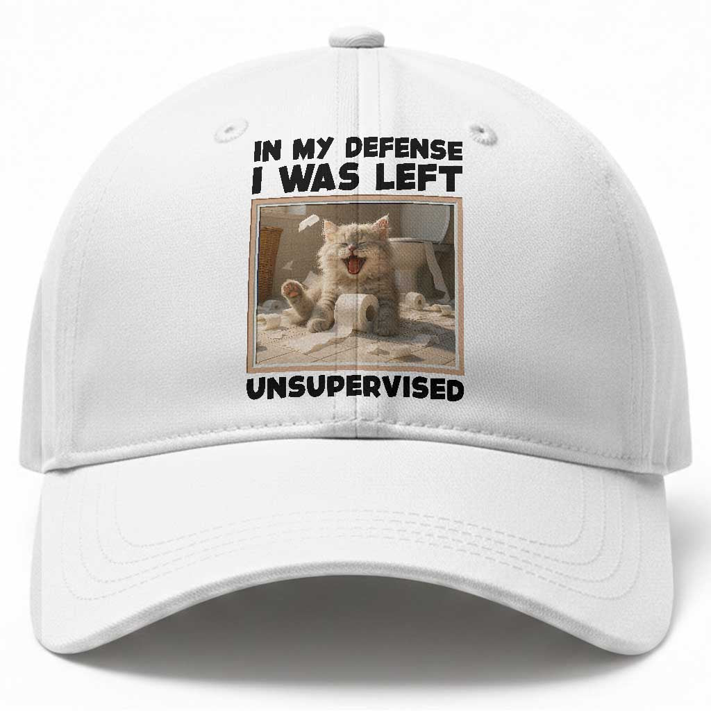 Funny Cat Humor Baseball Cap In My Defense I Was Left Unsupervised