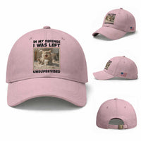 Funny Cat Humor Baseball Cap In My Defense I Was Left Unsupervised